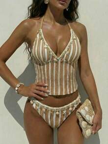 Swim Chiccia 女士夏季沙滩条纹吊带性感比基尼套装 - 彩色 - 查看 10