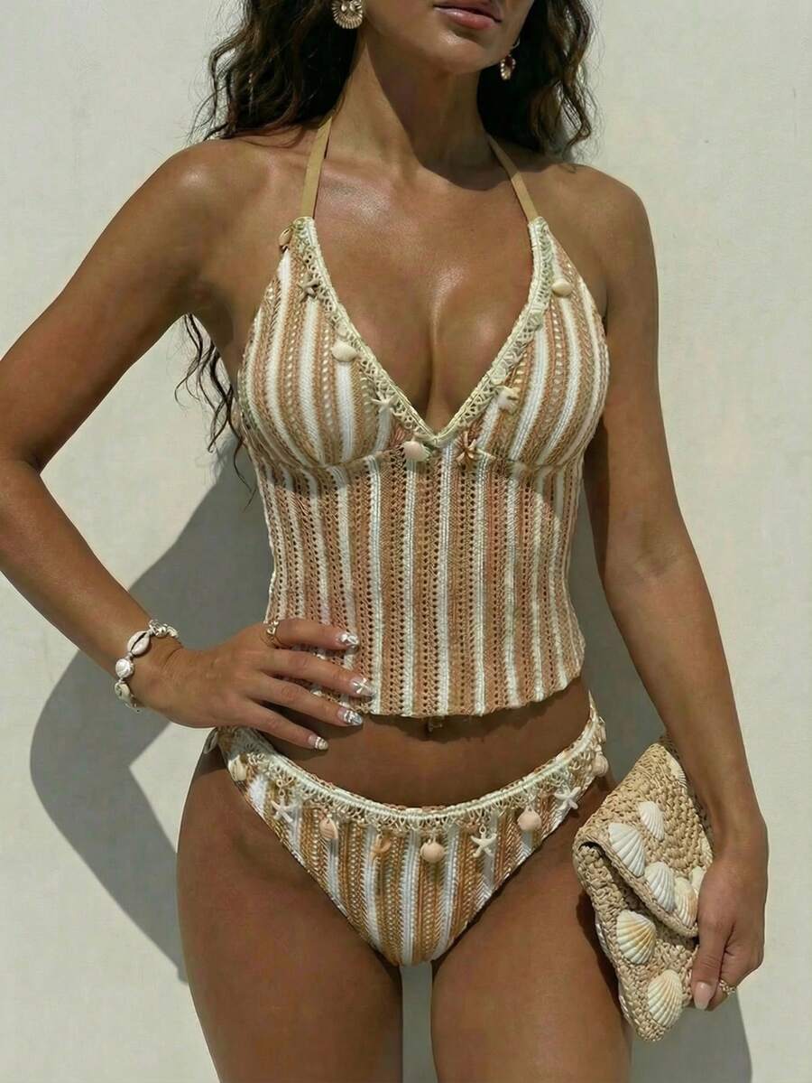 Swim Chiccia 女士夏季沙滩条纹吊带性感比基尼套装 - 彩色 - 查看 1