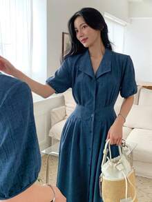 DAZY 女士翻领衬衫裙，收腰设计，短袖，优雅中长款连衣裙 - 藍色 - 查看 3