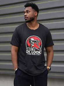 Heavens Edit 夏季黑色短袖骷髅图案 T 恤，趣味印花休闲百搭上衣模因印花 T 恤 - 黑色 - 查看 6