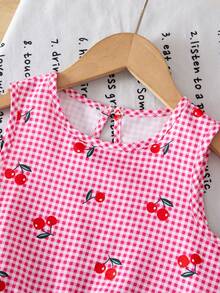 Young Girl Summer Casual Plaid Cherry Print Camisole And Shorts Set - Hot Pink - View 6
