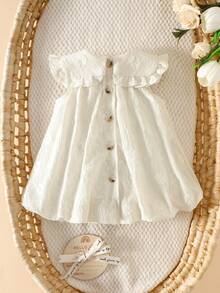 SHEIN Đầm cho bé gái sơ sinh | Cổ áo xếp ly + Vải mềm mại, đơn giản, thanh lịch, thân thiện với làn da, thích hợp làm quà tặng tháng đầu tiên cho bé gái sơ sinh / mặc hàng ngày, một món quà dịu dàng và đáng yêu cho bé sơ sinh. - Màu Khaki - Xem 3