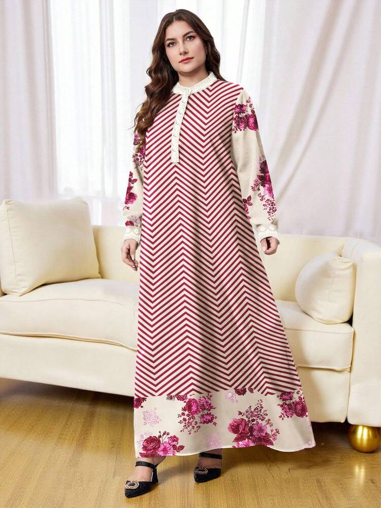SHEIN Najma Plus Size Women's Fuchsia Floral Patchwork Wavy Striped Print Fashion Button Collar Long Sleeve Dress, Elegant For Spring/Autumn - Multicolor - View 4