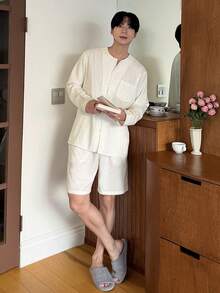 DAZY Conjunto de pijama de camisa blanca sólida y pantalones cortos para hombre, primavera/verano - Blanco - Ver 5