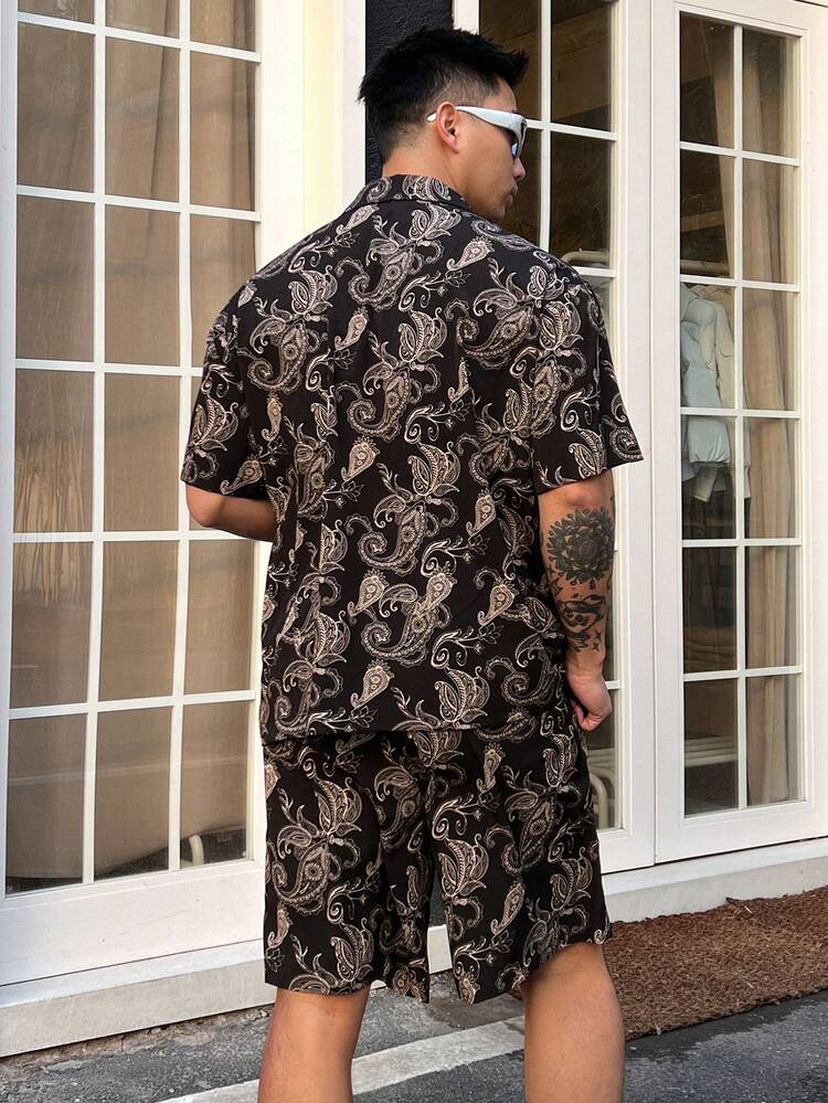 Men's Floral Print Short Sleeve Shirt And Shorts Set, Summer