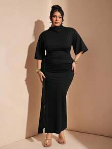 SHEIN BAE Đầm ngắn tay đơn sắc tối giản, cỡ lớn, thích hợp mặc hàng ngày. - màu đen - Xem 4