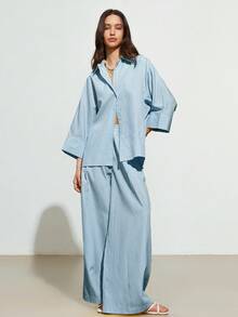 Aveloria Affinna Women's Casual Striped Loose Shirt And High Waist Wide Leg Pants 2 Pieces Set - Mint Blue - View 4