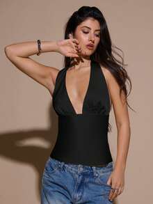 SHEIN BAE Women's Black V-Neck Backless Tie Tank Top, Satin Party Going Out Cocktail Top, Seksi Sexy Chic Club Summer Top, Formal Occasion Business Casual Wear - Black - View 6