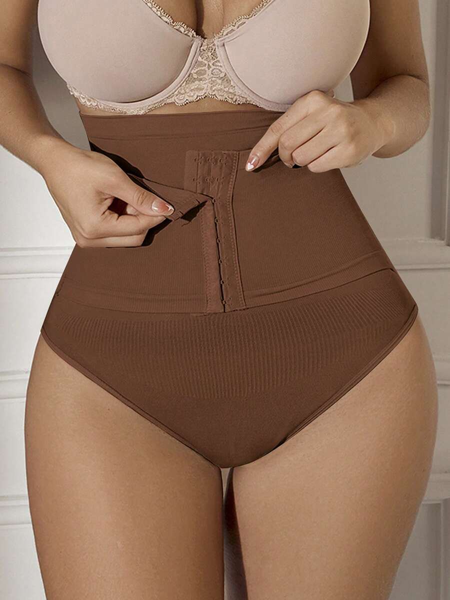 1pc Seamless High Waist Abdomen Control Waist Lifting Shaping Briefs With Front Opening Hook - Coffee Brown - View 1