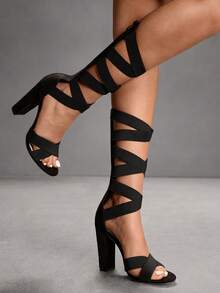 CUCCOO SZL Black Suede Chunky High Heel Sandals, Criss-Cross Strap Design With Side Zipper, Chic & Stylish For Commute And Date Valentine's Day - Black - View 1