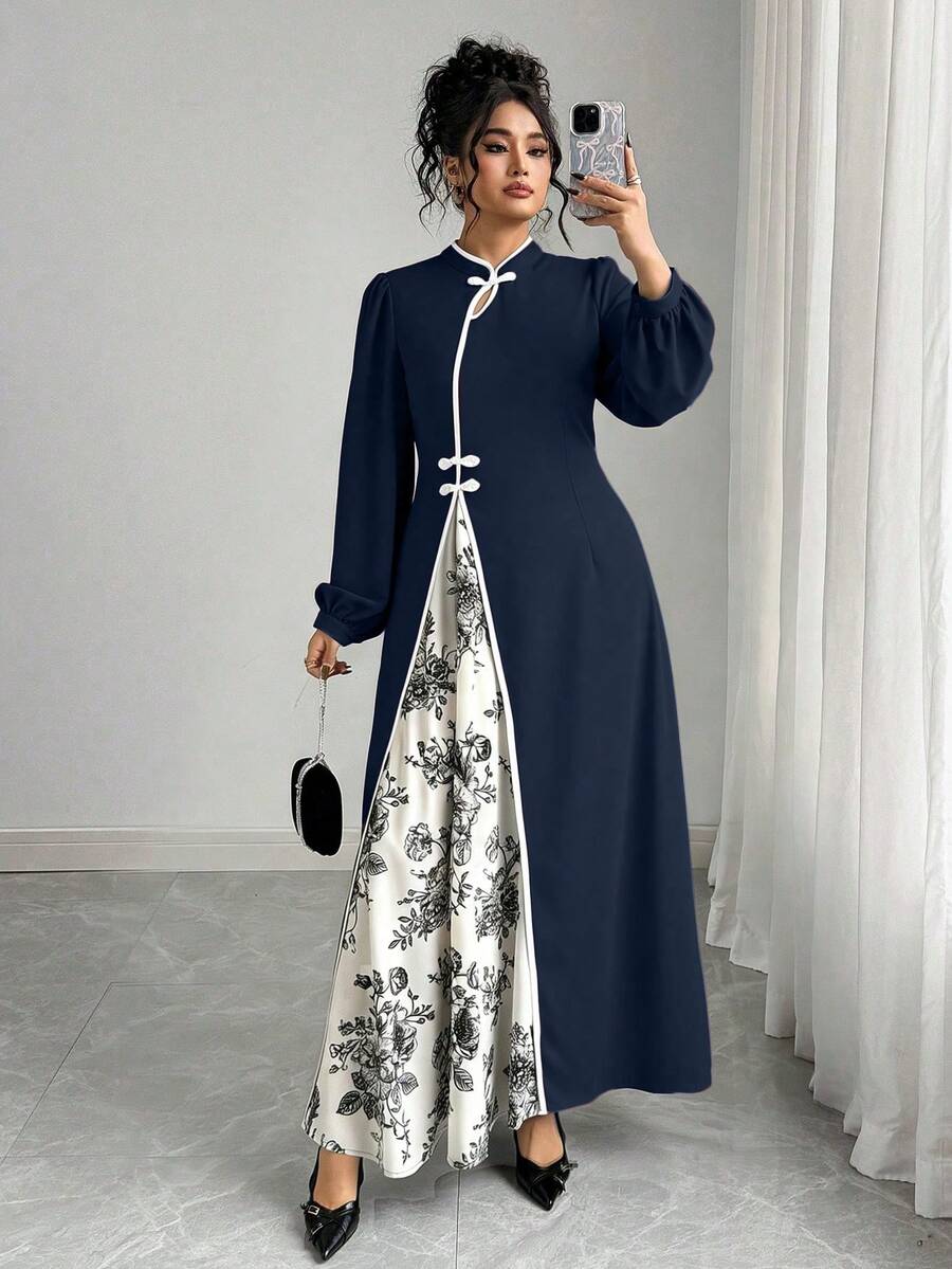 Elenzga Áo sườn xám kiểu Trung Quốc cỡ lớn, kiểu mới, thu đông, cúc hình ếch, thắt nút kiểu Trung Quốc, in tranh thủy mặc. - Màu xanh hải quân - Xem 1