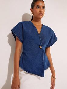 COSMINA 女式单扣蝙蝠印花短袖休闲牛仔衬衫 - 深色水洗藍 - 查看 6