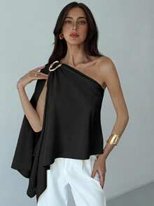 Aloruh Minimalist Commuter Shawl Collar Metal Decor Fitted Apricot Women Blouse,Summer Top - Black - View 5