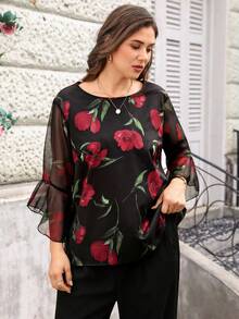 Miaspire 大码女式花卉印花休闲圆领荷叶边七分袖衬衫 - 紅色 - 查看 3