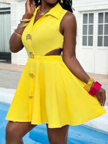 Glyssa 女士翻领无袖短款收腰不对称金属扣镂空A字连衣裙，奢华甜美，适合派对、新年、春季、情人节等场合 - 黃色 - 查看 4