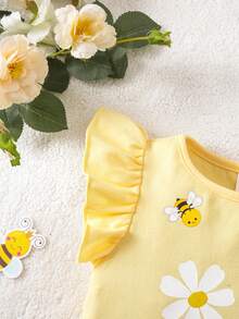 Babygirl Cute Floral Print Cap Sleeve Casual Top, Summer - Yellow - View 5