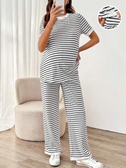 SHEIN 2pcs Maternity Striped Print Short Sleeve Top And Wide Leg Pants Set ,Maternity Clothes, Casual, Comfortable,  Soft,