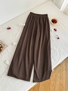 Sweetra Women's New Spring/Summer Casual, Work, Commute, Picnic Solid Brown Side Seam Ruffle Bow Design Collegiate Style Cute & Versatile Women Pants - Coffee Brown - View 2