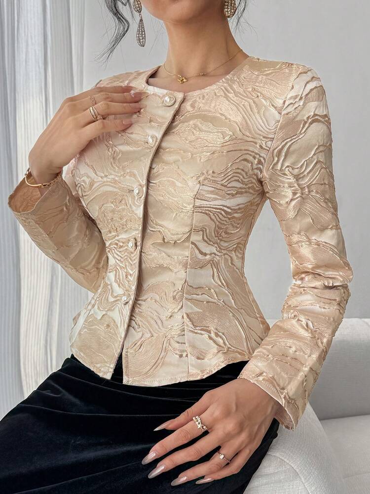 DAZY Women's Elegant Floral Textured Round Neck Lightweight Jacket, Spring - Gold - View 1