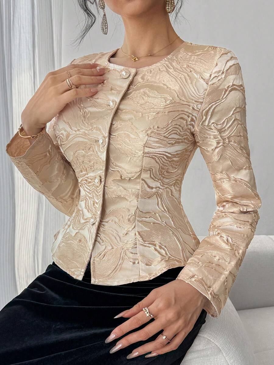 DAZY Women's Elegant Floral Textured Round Neck Lightweight Jacket, Spring - Gold - View 1