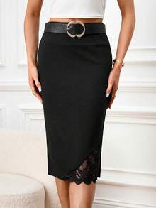 SHEIN Clasi 女士优雅撞色蕾丝修身铅笔裙，黑色休闲夏季女装，女士休闲优雅中长裙，修身，弹力，百搭，经典，适合办公室穿着，教师服装 - 黑色 - 查看 9