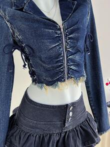 Elamini 女士短款牛仔夹克，带交叉绑带 - 藍色 - 查看 5