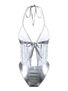 Swim SXY Seksowny jednoczęściowy kostium kąpielowy dla kobiet z dekoltem w serek, odkrytymi plecami, teksturowanym materiałem odblaskowym, frędzlami, odpowiedni na wakacje na plaży wiosną, latem i jesienią - Srebro - Zobacz 5