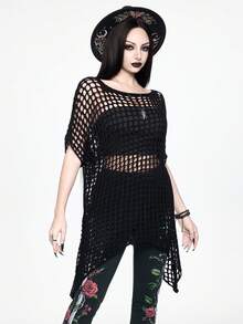 ROMWE Goth Áo len dệt kim lưới khoét lỗ màu đen dành cho nữ, kiểu dáng punk, tay áo cánh dơi dáng rộng, vạt áo không đều, thích hợp cho kỳ nghỉ biển, áo khoác ngoài. - màu đen - Xem 6
