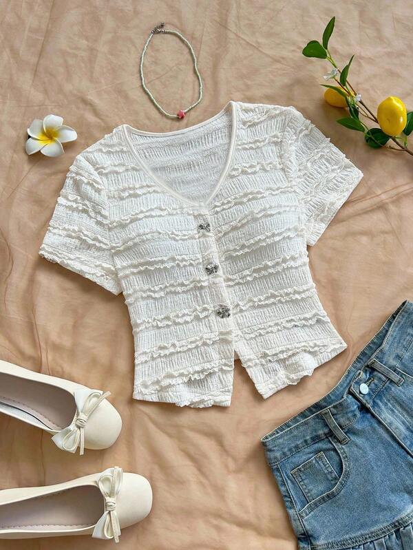GlowEve Women's Vacation Knit White Textured V-Neck, Delicate Bow Metal Button Front Slit Fitted T-Shirt , Suitable For Party, Carnival, Afternoon Tea,Casual Summer