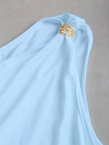 Sweetra Metal Decor Ruched Casual Bodysuit, Versatile For Spring/Summer,One Shoulder Bodysuit - Baby Blue - View 6