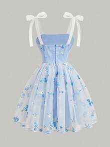 SHEIN Girlism Tween Girls Elegant Floral Embroidered Mesh Camisole Dress, Summer - Blue - View 2