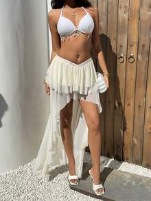 Aloruh Chân váy lưới xếp tầng bất đối xứng, thanh lịch, gợi cảm, lãng mạn, thời trang dành cho nữ, thích hợp cho kỳ nghỉ, hẹn hò, đi chơi, mùa xuân/hè. - trắng - Xem 4