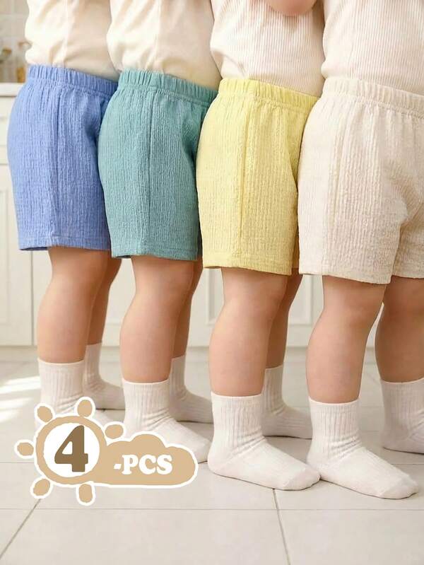 SHEIN Vintaside Kids 4-Pack Toddler Boys' Solid Color Comfortable Casual Knit Shorts