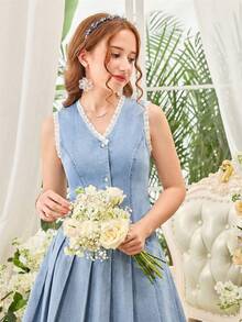 2 Stücke/Set Teenager Mädchen Blau Jeans Ärmellose Weste & Plissee Mini Rock - Mittele Waschung - Übersicht 6