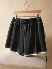 Elaquor 大码女式腰带花边休闲宽松短裤 春夏休闲度假短裤 - 黑色 - 查看 3