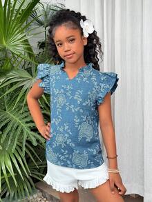 Áo kiểu nữ tuổi teen chất liệu jacquard, viền bèo nhún, thích hợp cho mùa xuân/hè. - Màu xanh lam - Xem 4