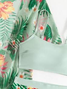 SHEIN Swim Bộ bikini gồm áo hai dây màu trơn và quần short in hoa, kèm áo khoác tay ngắn. - Nhiều màu - Xem 5
