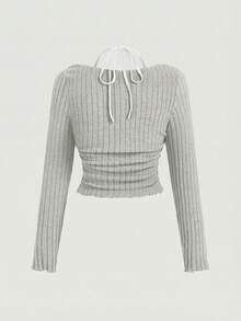 SHEIN MOD 加大码春季深灰白双色荷叶边系带二合一T恤 - 淺灰色 - 查看 2