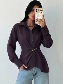 Firerie Women's Casual And Elegant Eggplant Purple Long-Sleeved Blouse, Metallic Embellishment, Suitable For Business Commuting, Sophisticated And Elegant Top/Old-Money Style Blouse/Teacher's Attire/Red Blouse - Red Violet - View 2