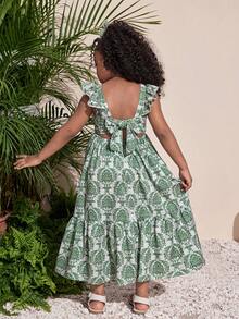 少女碎花收腰长裙，露背蝴蝶结设计，休闲日常百搭，适合外出、派对，也可与姐妹装搭配。 - 綠色 - 查看 2