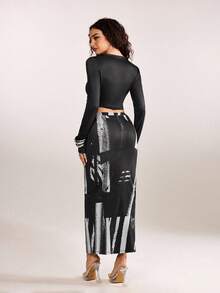 plantica Casual Sexy Urban Chic Minimalist Fashion Women's Black Printed Bodycon Long Sleeve Deep V Metal Buckle Structured Dress, Suitable For Outings, Travel, Dates, Parties, Holidays, Valentine's Day, Spring/Summer,Going Out,Sexy, Elegant,, Wedding Guest, Music Festival, Musician, Night Club - Black - View 2