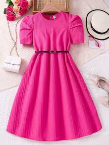 SHEIN 少女夏季短袖紋理圓領裙 - 玫紅色 - 查看 7