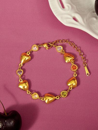 Glisma 1 pièce Bracelet chaîne élégant et décontracté en forme de cœur pour femmes, tenues, vieux argent, métallique/texture, pierre précieuse, pour maman/femme/fille/mère, premium, vintage, chic, cœur, Saint-Valentin, cadeau