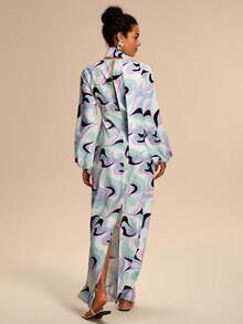 Breezaya 女士几何印花V领泡泡袖褶皱腰身设计优雅长袖连衣裙，多色 - 彩色 - 查看 2