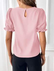 SHEIN Essnce 女士纯色圆领休闲百搭通勤短袖衬衫 - 粉色 - 查看 2