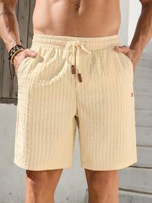 VIVINTIMO Men's Solid Color Casual Drawstring Pocket Jacquard Shorts - Khaki - View 1