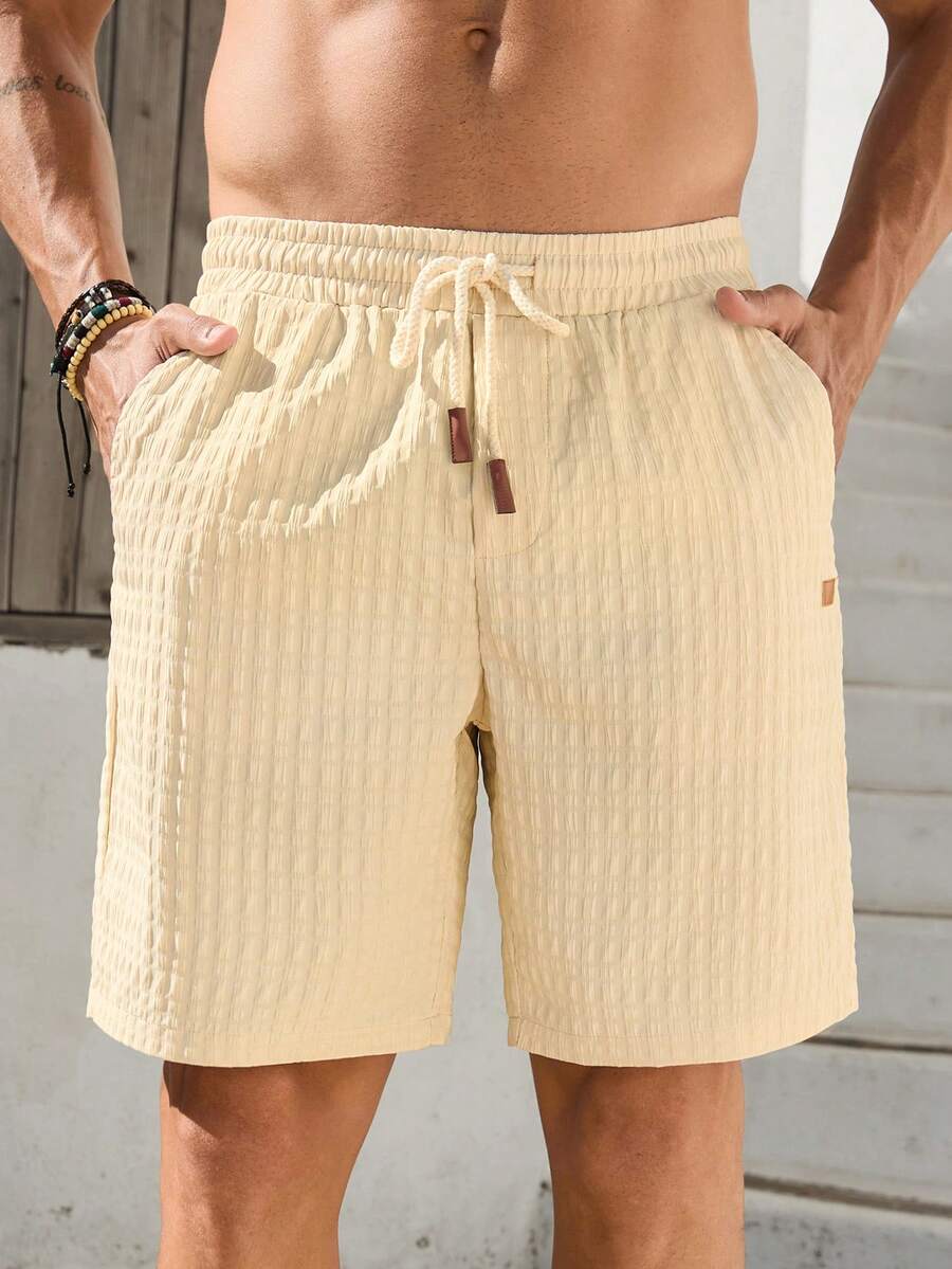 VIVINTIMO Men's Solid Color Casual Drawstring Pocket Jacquard Shorts - Khaki - View 1