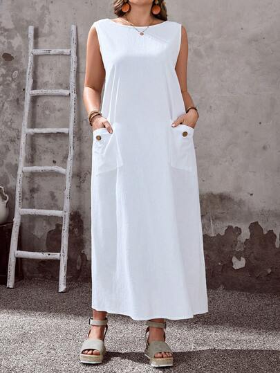 EMERY ROSE 大码女式纯色圆领无袖休闲直筒连衣裙，带口袋