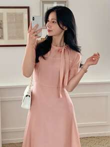 DAZY Women's Bow Tie Waist Fit & Flare Midi Dress - Pink - View 4