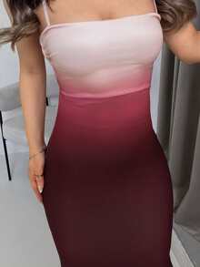 Jemour Women's Elegant Ombre Allover Print Backless Tie Neck Dress, Suitable For Vacation, Party, Evening, Date, Chic Fall, Burgundy Dress, Fall Dresses For Women - Burgundy - View 3